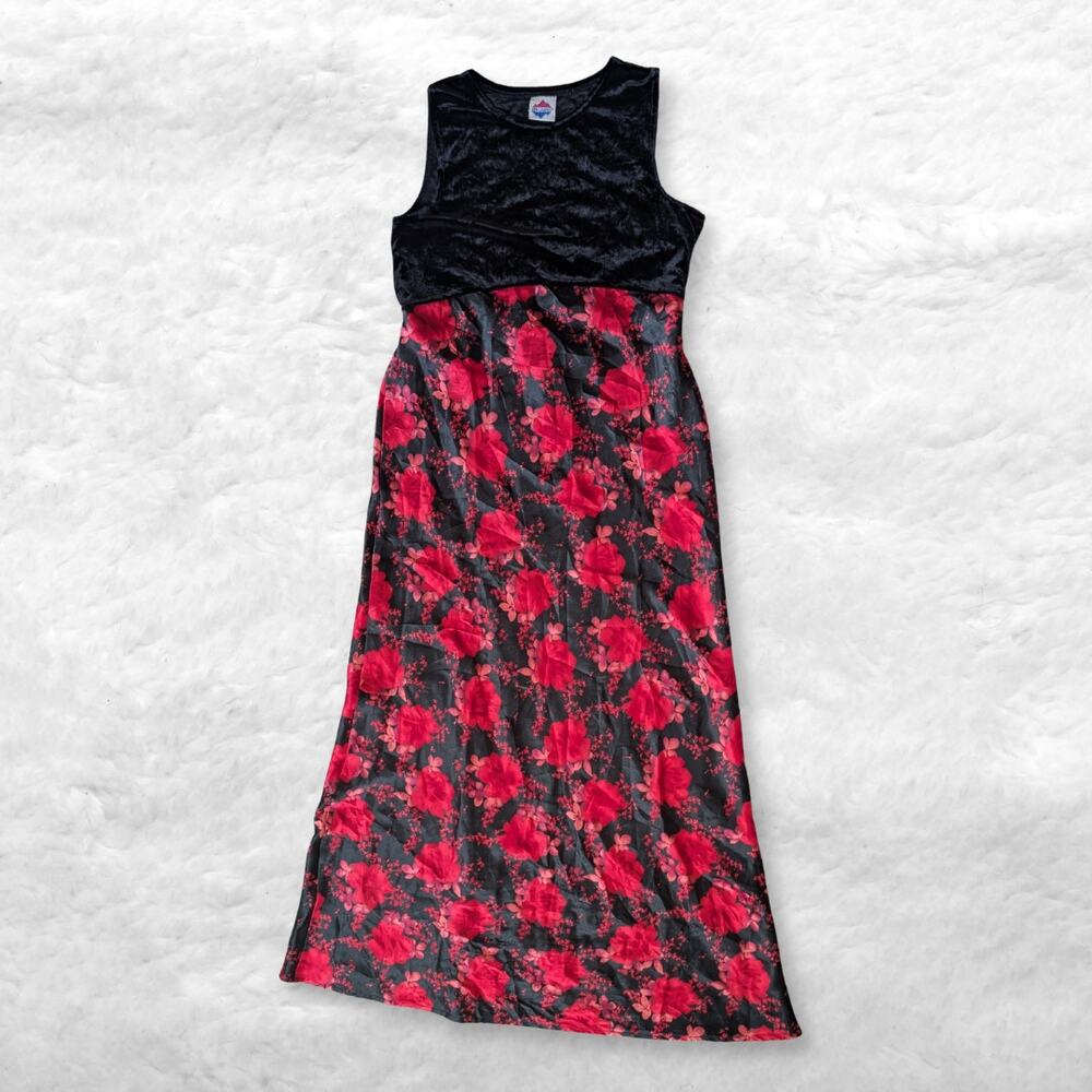 vintage 90s new legends black velvet red rose floral maxi dress